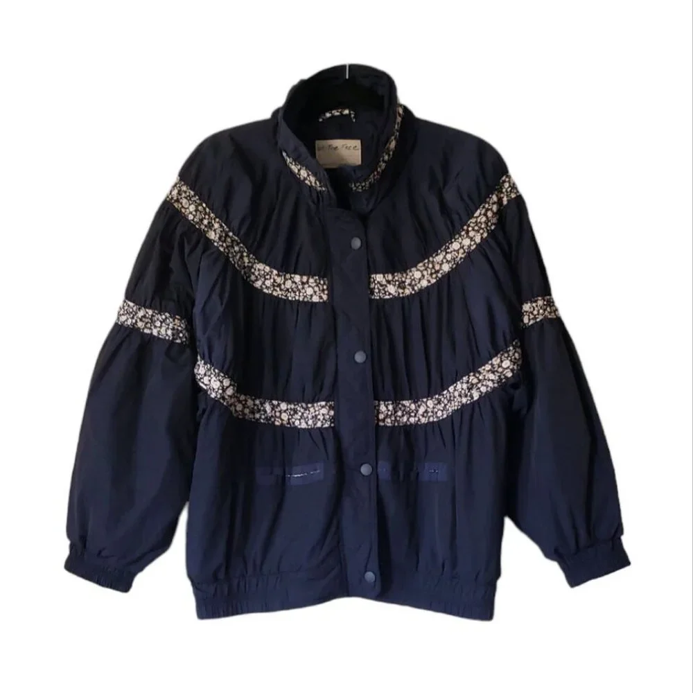 Free People Women's On My Mind Floral Full-Zip Bomber Retro Jacket Navy Sz Small - Picture 6 of 12